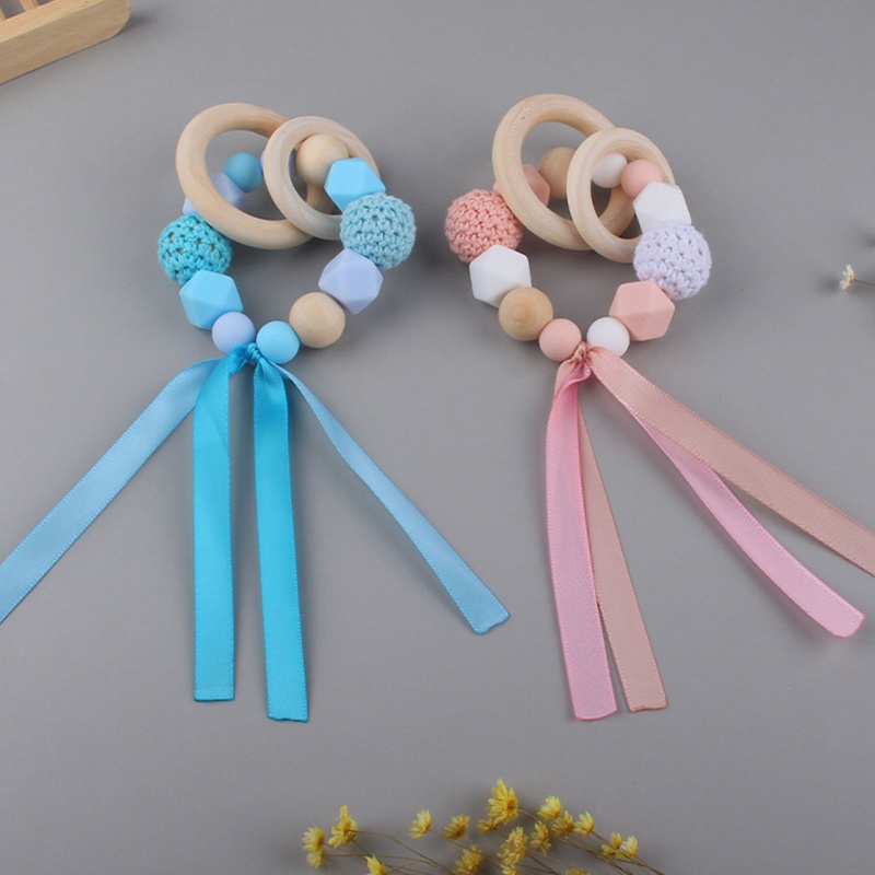 Mary Mainan Teether Ring Kayu Aksen Pita + Manik-Manik Silikon BPA free Untuk Bayi