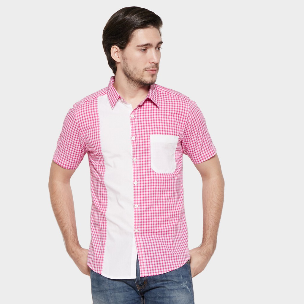Kemeja Pria Kotak Pink Putih 0217 Lengan Pendek YEGE