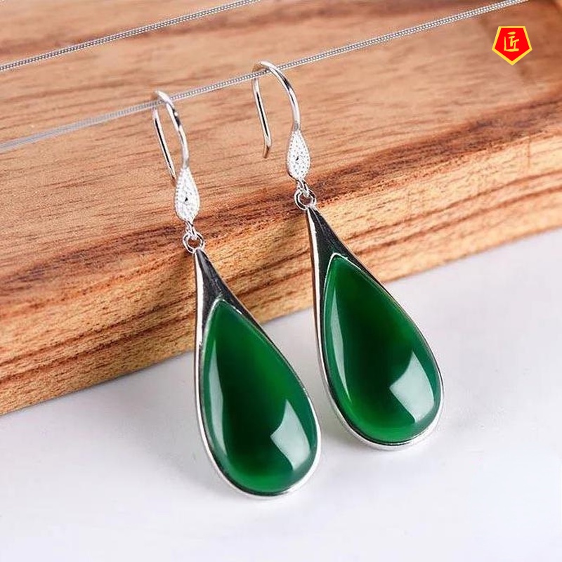 Green Chalcedony Ear Hook Vintage Drop-Shaped Red Garnet Earrings Temperament Hetian Jade Ear Hook