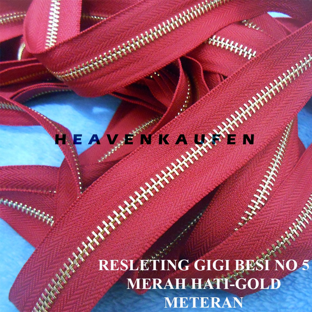 Resleting Gigi Besi Merah Hati Tua / Merah Marun Tua - Gold Emas Muda No 5 Meteran