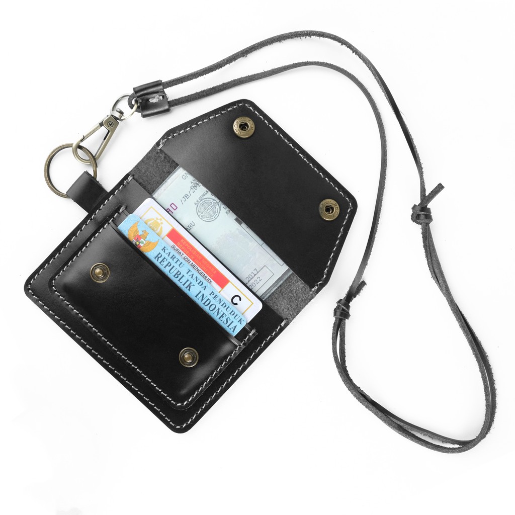 Dompet Kartu Uang Simpel Kulit Asli Dengan Tali Leher Hanging Wallet Model Kancing