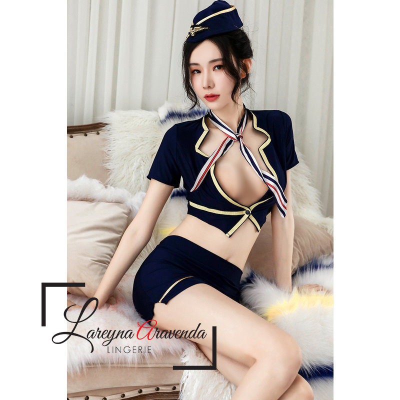 Set Lingerie Seksi + Rok + Topi Model Cosplay Pramugari Executive LG176