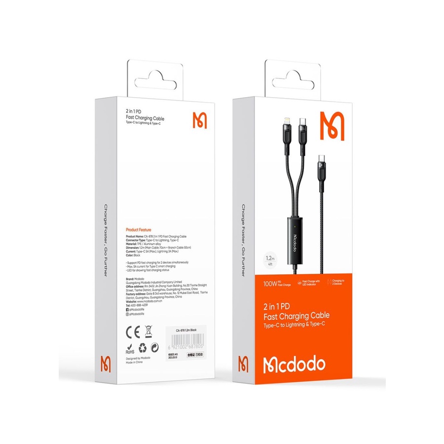 MCDODO CA-878 Kabel Charger USB Type C to Type C + Lightning FAST 100W PD 2 in 1 Cable Type C to Lightning + Type C 1.2M Kabel Type C to Lighting USB C