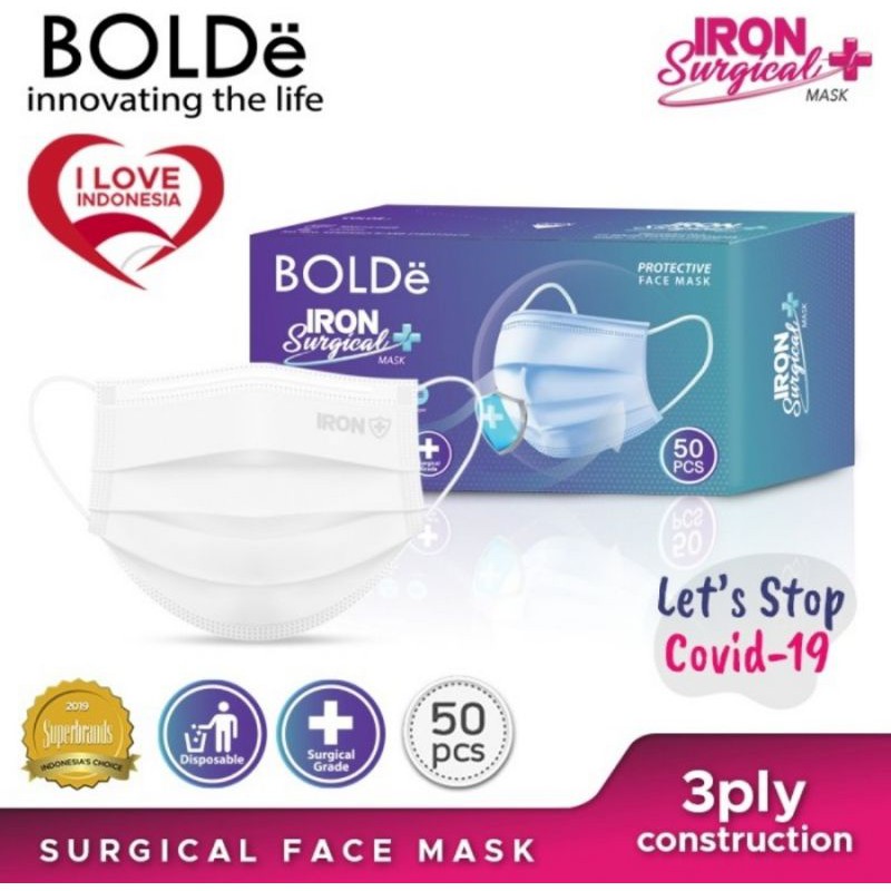 Masker IRON Surgical BOLDe 3 Ply Isi 50 Pcs / Box - Ijin Depkes RI