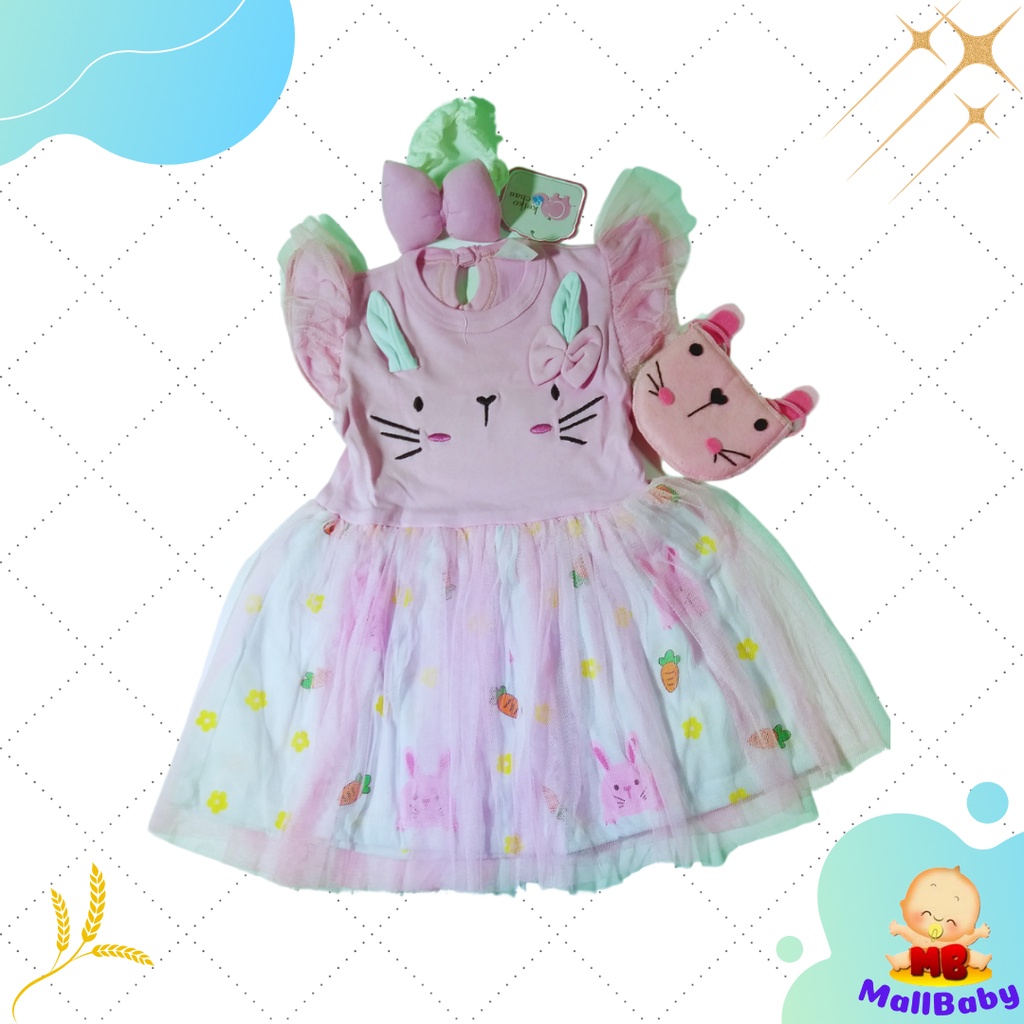 Baju Bayi Perempuan Dress Lucu set 3 6 9 12 Bulan Gaun Bayi Bandana Tas Bayi Cute Mice