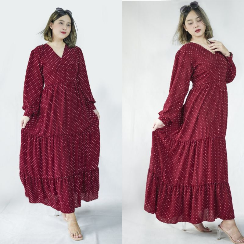 Missy Dress Korea Polkadot Gaun Korea Gaun v-neck - Big Size Dress COCOK UNTUK PESTA/KONDANAGN TERLA