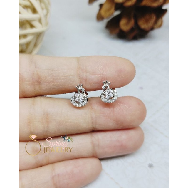 Anting Perak Wanita Giwang Angsa Mahkota Full Mata Silver 925 Asli Lapis Emas Putih