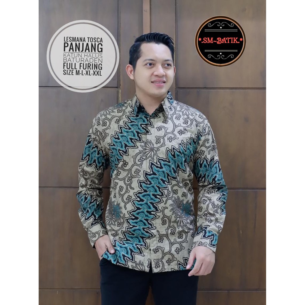 LESMANA TOSCA SM BATIKSOLOAMANAH KEMEJA BAJU BATIK PRIA SOLO LENGAN PANJANG PENDEK LAPIS FURING ATASAN BATIK PREMIUM MODERN KATUN HALUSKAWUNG BLOUSE MANUK TARUNG COUPLE ULU PRATOMO KLABANG ABANG BANGAU MELON PARANG DIRGA PEKSI WARNA 5 KEMBANG BIRU ANDHARU