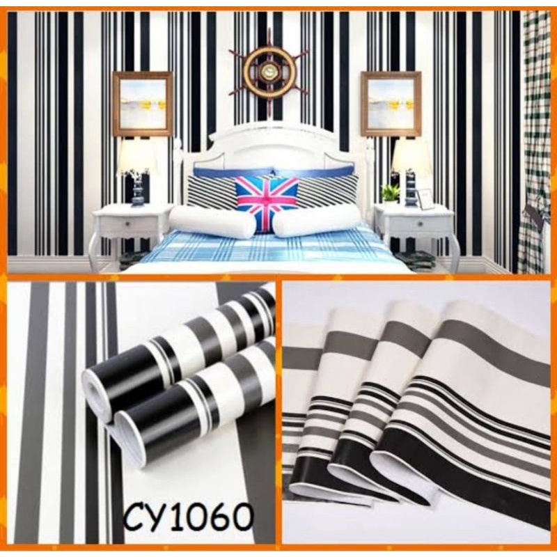 Wallpaper stiker dinding motif salur hitam putih CY1060