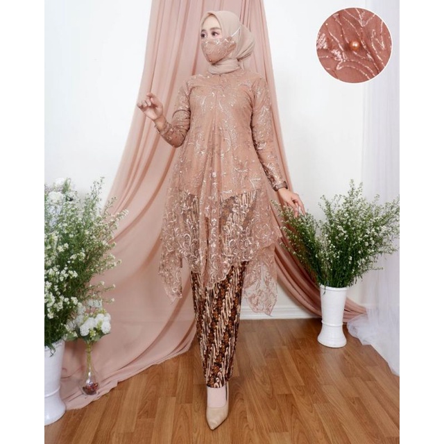 ( COD ) Setelan kebaya tunik selendang kutubaru payet - motif bunga - outfit kekinian - kebaya modern - bahan brukat non gliter - baju pesta keluarga, wisuda, pakaian kondangan, nikahan ataupun akad