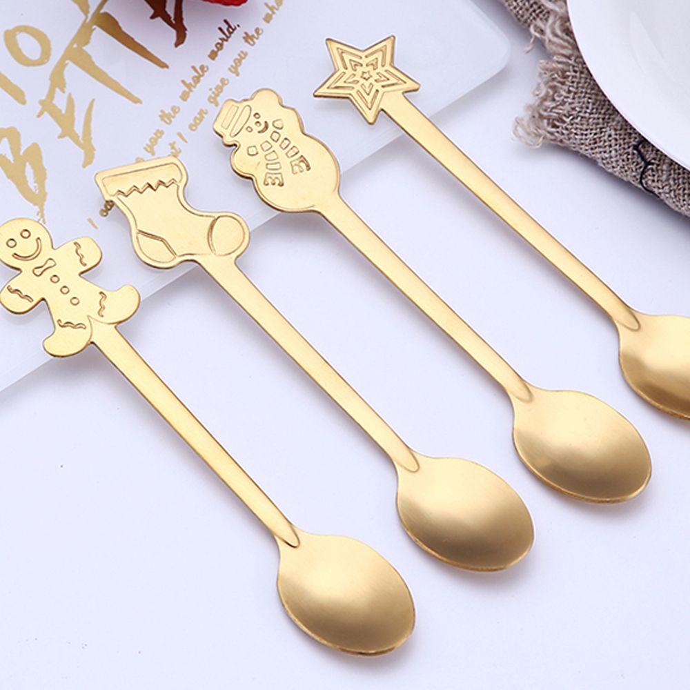 Solighter1/4pcs/set Sendok Kopi Natal Home &amp; Living Ice Cream Stainless Steel Kitchen &amp; Dining Kids Spoon