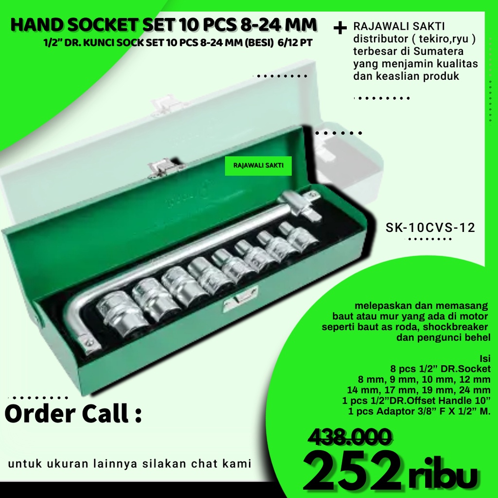 TEKIRO KUNCI SOK 10 PCS KUNCI SOCK SET 10 PCS FULL LENGKAP SOCKET TOOL KIT MOTOR MOBIL GAGANG 1/2 IN
