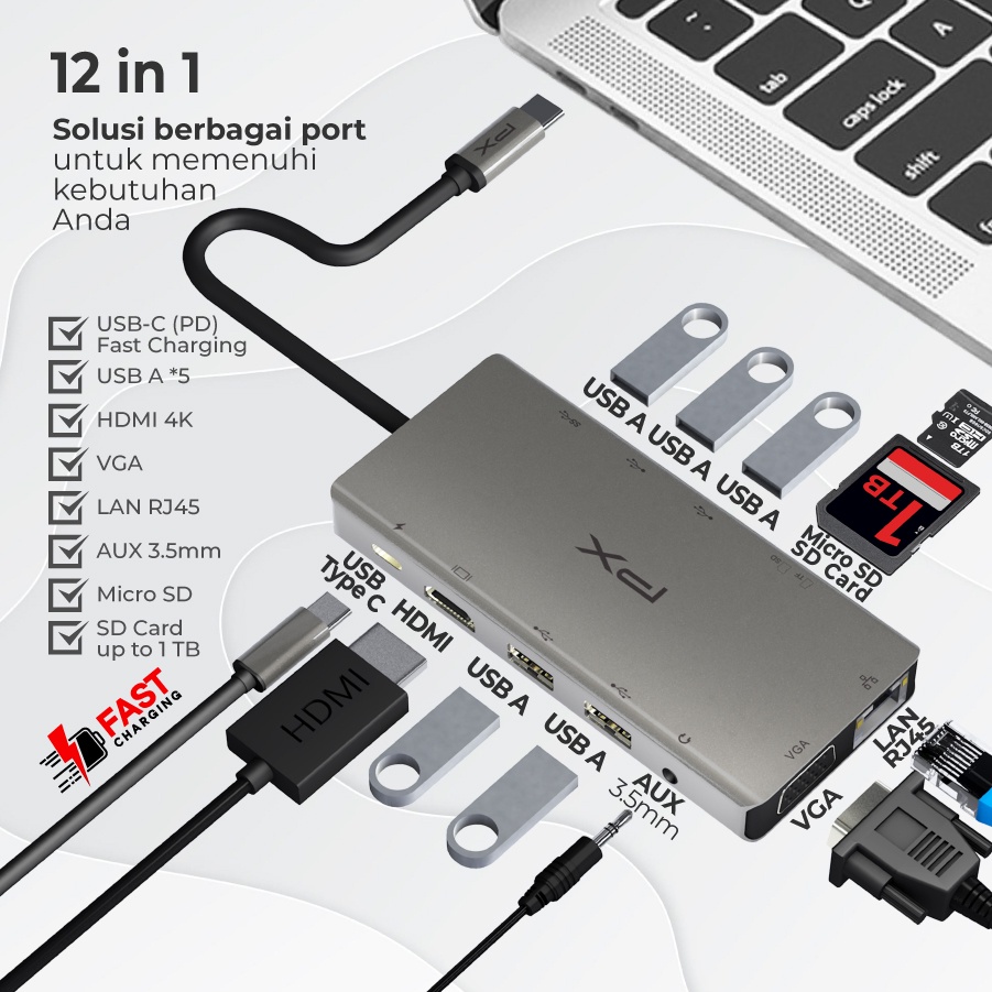 Hub Converter Type C 3.1 to HDMI LAN SD/Micro SD 3.5mm 12in1 PX UCH012