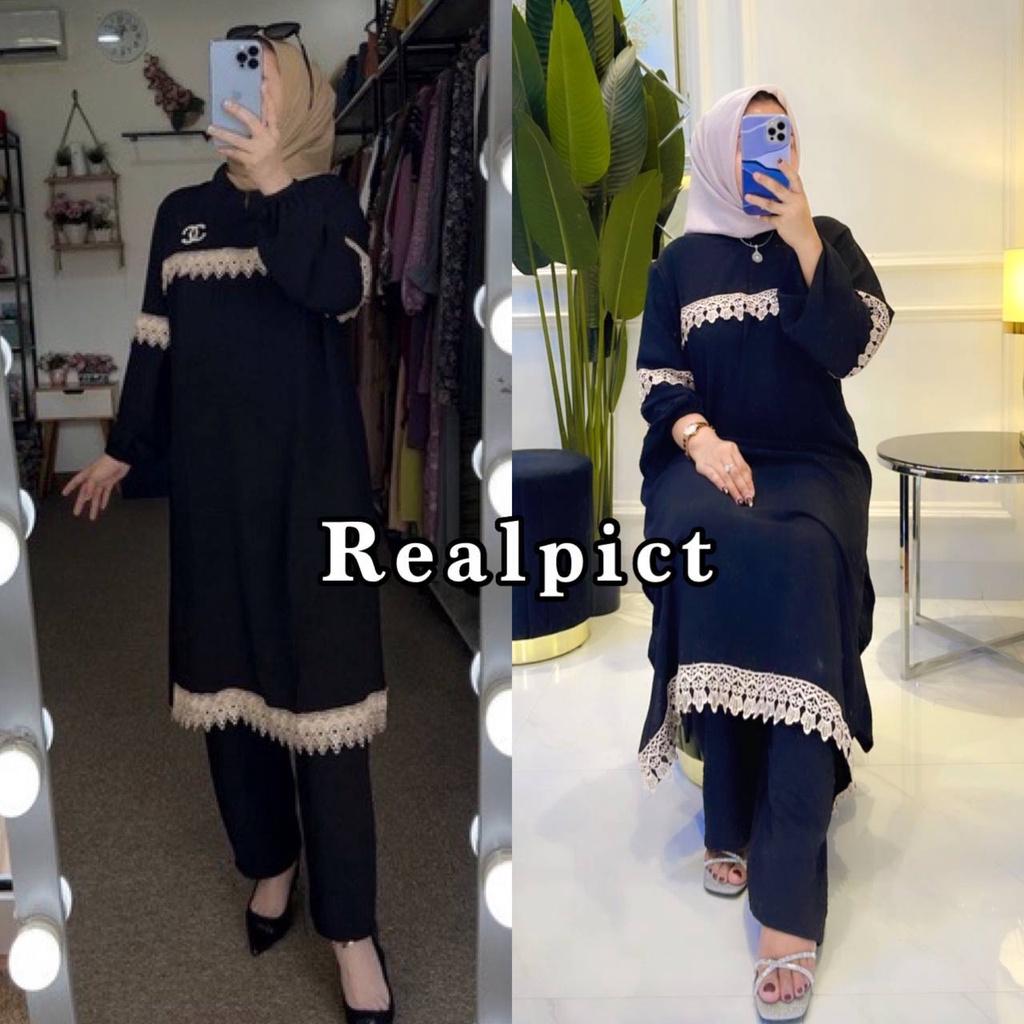 Joyagh One Set Tunik Renda Crinkle Airflow Setelan Wanita Lengan Panjang Fashion Muslim Kekinian LD 120 cm