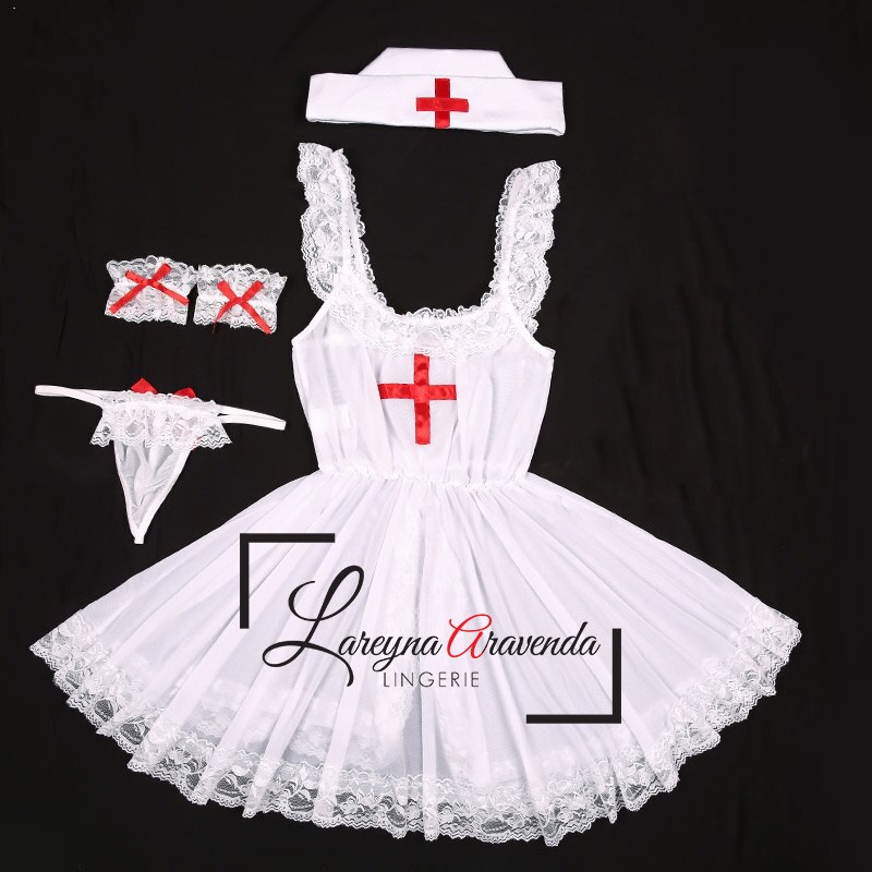 Set Lingerie + G String Seksi Model Cosplay Sensual Nurse LG154