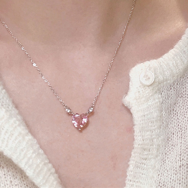 Kalung Rantai Liontin Hati Hias Kristal Zircon Warna Pink Gaya Korea Untuk Wanita