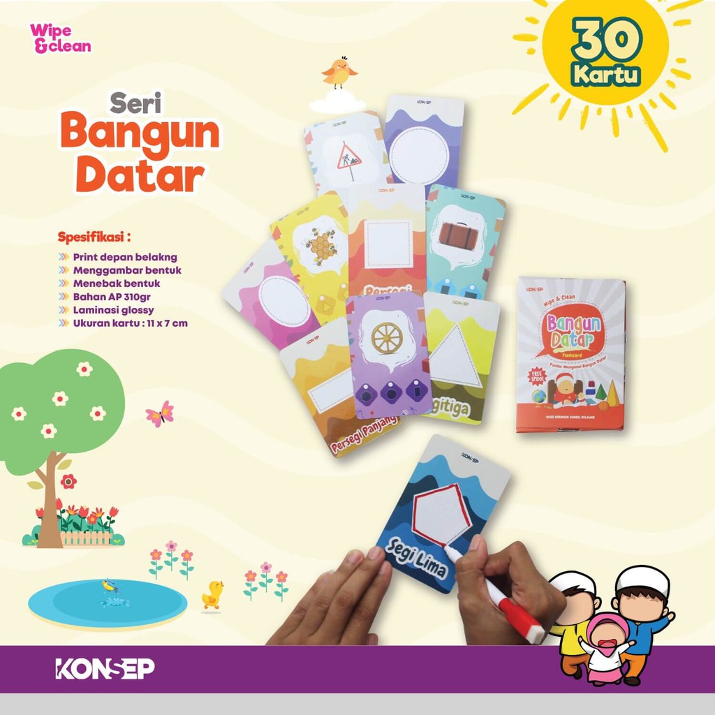 Flash Card Wipe &amp; Clean Bangun Datar - Kartu Edukasi Belajar Anak - Konsep Studio Original