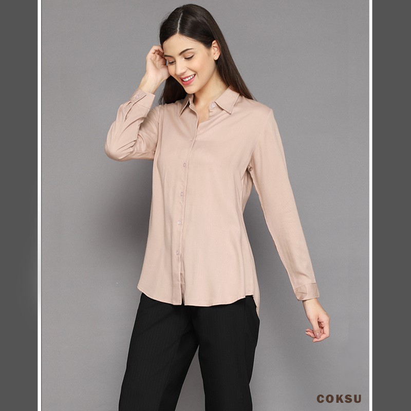 kemeja wanita polos lengan panjang basic kekinian hem cewek baju kantor slimfit simple terbaru murah-COKSU