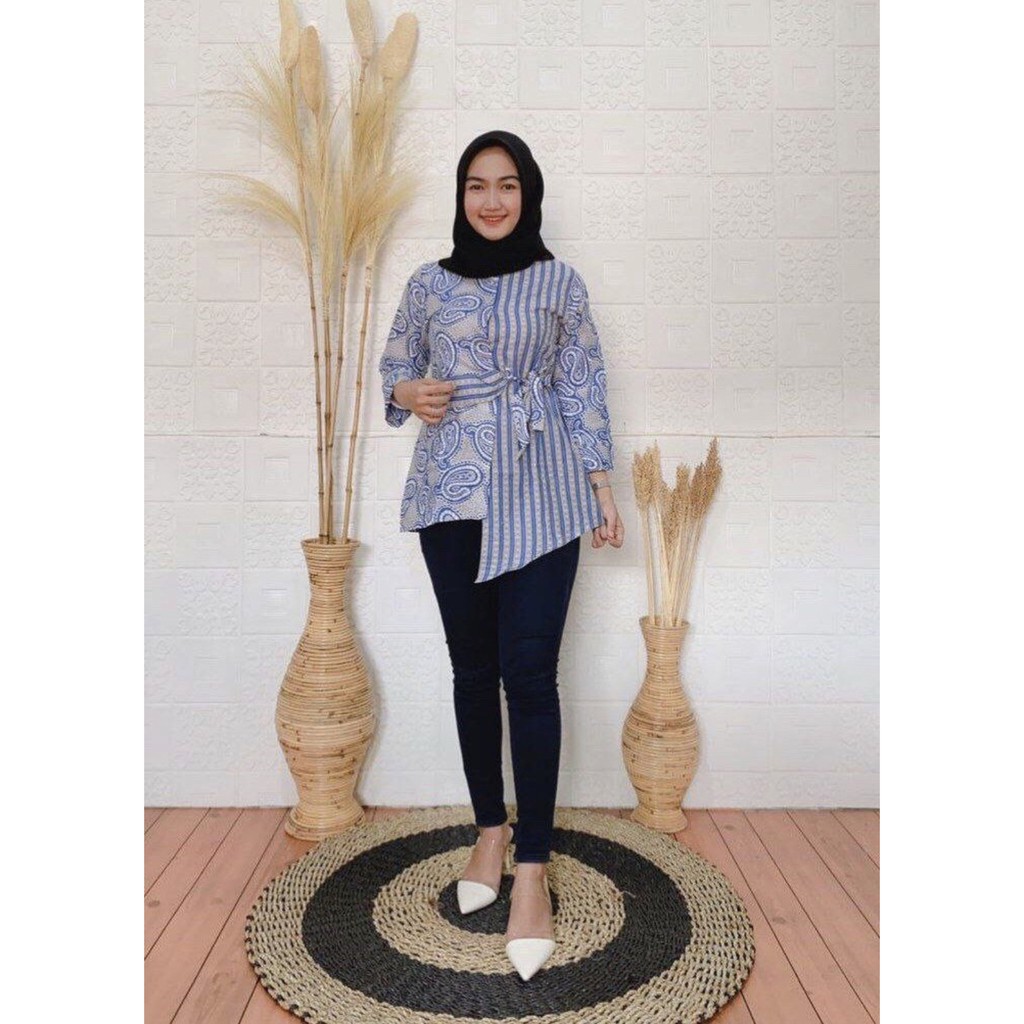 Blus Ziggy Tali Salur Keong Biru Batik Atasan Batik Muslim Ziggy Kantor Kerja Casual Modern