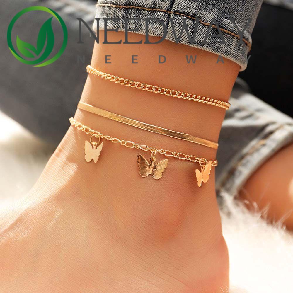 Needway  3Pcs/Set Female Foot Chain Thick Foot Accessories Anklet Set Trendy Butterfly Multilayer Foot Jewelry Boho For Women Pendant/Multicolor