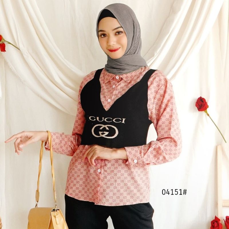 MDLV ~ KEMEJA DAN ROMPI RAJUT 04151 SHIRT GC KNIT VEST // KEMEJA SET ROMPI // FASHION IMPORT WANITA