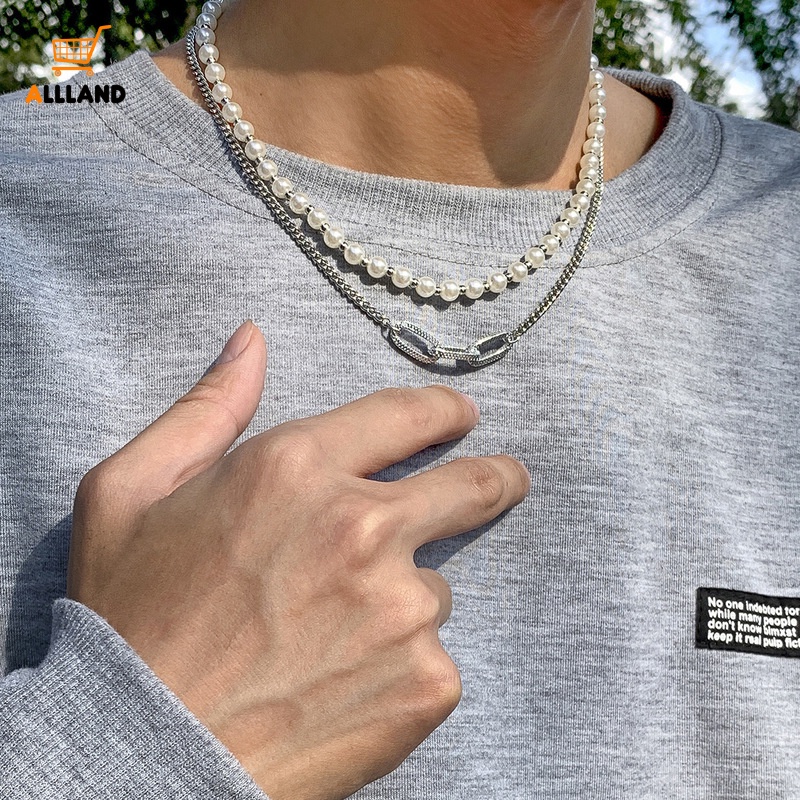 Kalung Desain Geometri Aksen Mutiara Imitasi Bahan Metal Gaya Hip Hop Untuk Pria