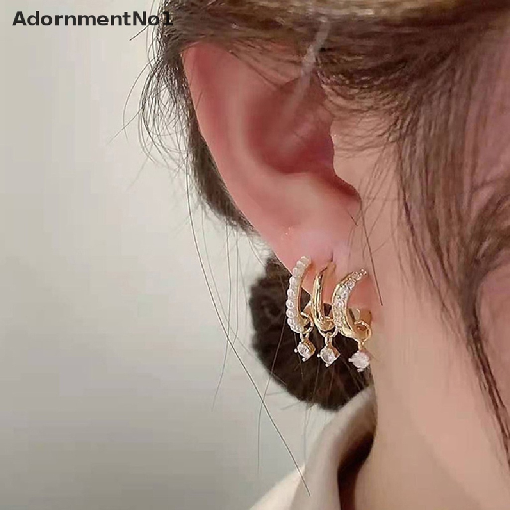 (AdornmentNo1) Anting Tusuk Gantung Desain Geometri Vertikal Multi layer Hias Zircon Gaya Korea Untuk Wanita