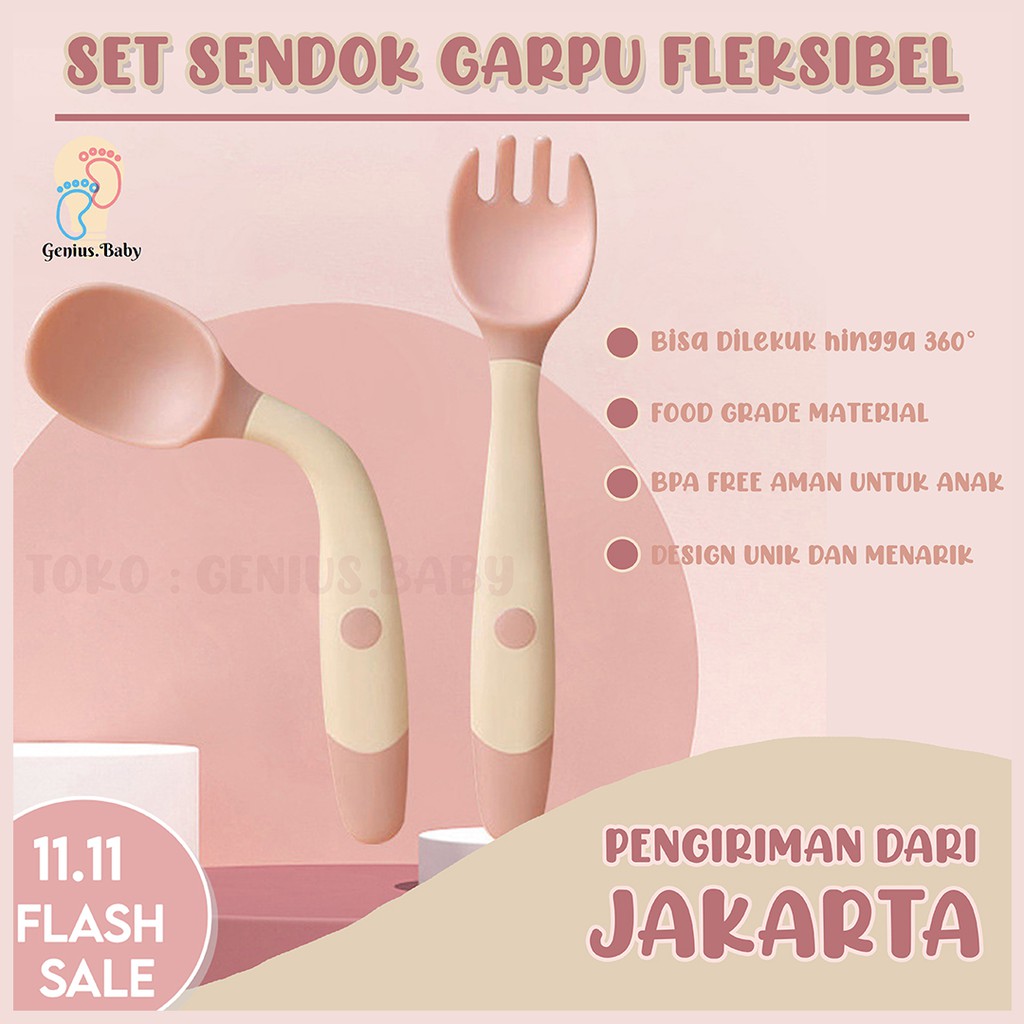 Set Sendok + Garpu Lengkung 360 Derajat Sendok Bayi Bahan Silikon Safety Bisa Ditekuk Sendok Makan