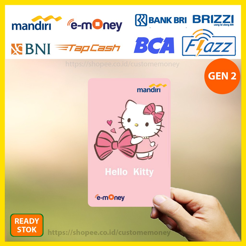 KARTU EMONEY GAMBAR HELLO KITTY PINK KARTUN KUCING ETOLL E-MONEY MANDIRI FLAZZ GEN 2 TAPCASH BRIZZI - 1 SISI