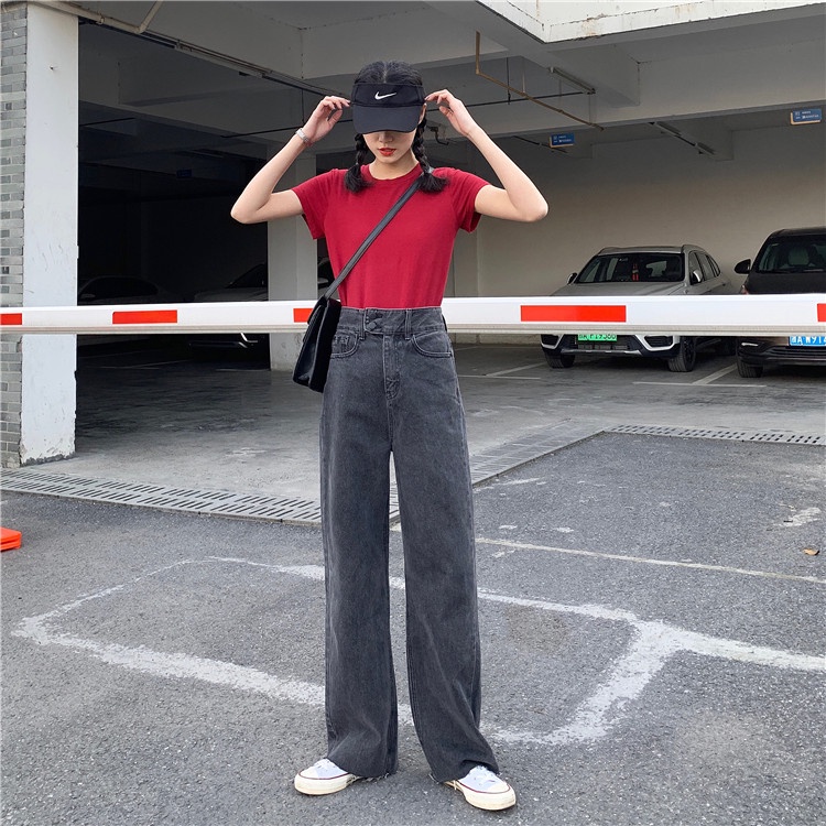 High Waist Jeans Wanita Loose Abu-abu Gelap Korea Style Celana Panjang