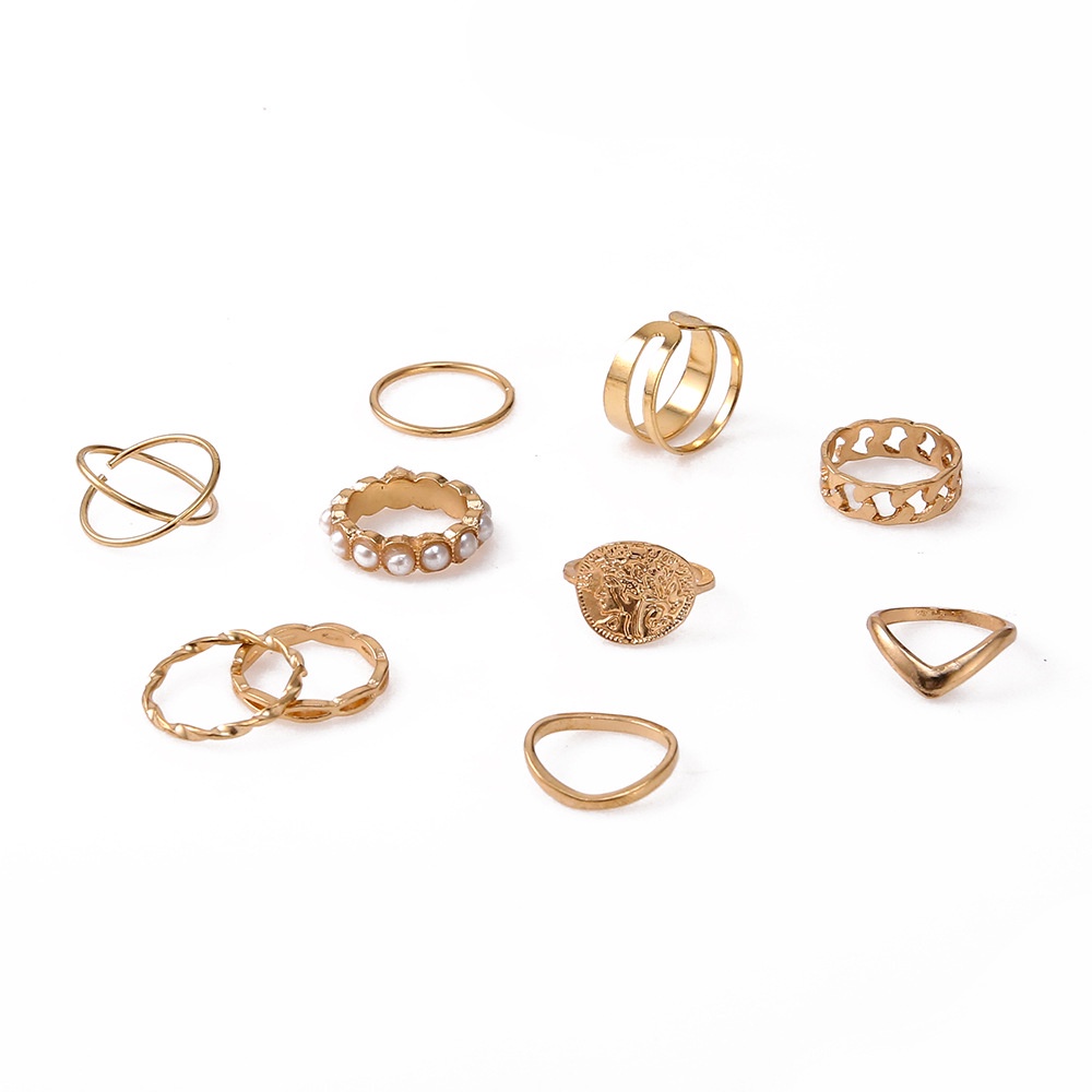 【COD Tangding】10pcs / Set Cincin Model Hollow Aksen Mutiara Gaya Punk Eropa Amerika