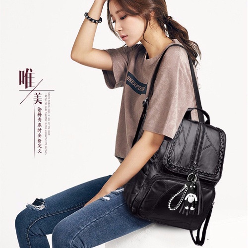 Tas Kuliah Wanita/Tas Ransel Wanita Kerja Hitam Fashion Kuliah Kekinian Dewasa O7C6 BP43 Tas Ransel Wanita Kulit PU Korea Summer Youth Women Backpack