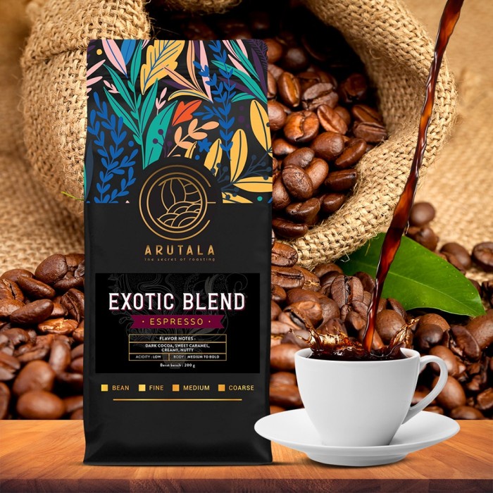 

Kopi-Biji- Arutala Kopi Exotic Blend Espresso 200 Gram - Giling Halus -Biji-Kopi 750 Minuman-