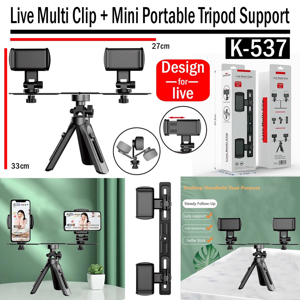 Mini Tripod dengan Dual Holder HP Rotasi 360 Derajat Panjang 23-28 cm Mini Tripod 2 Holder U HP K-53