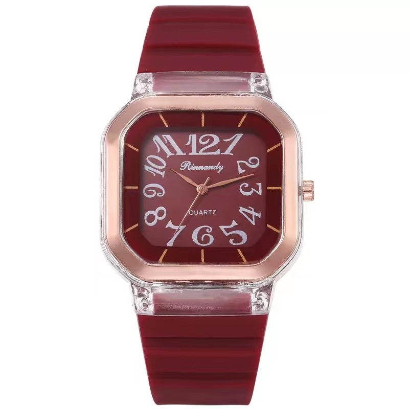 Jam Tangan Rubber Wanita Analog Quartz Angka Dial Kotak Import-55-4 #2 Merah