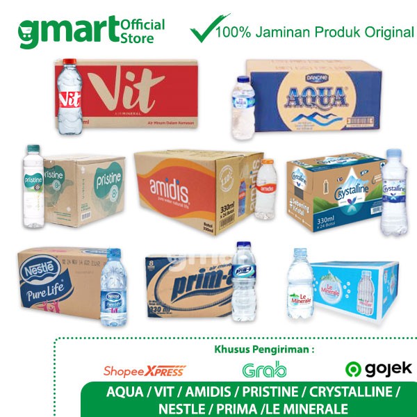 

Air Mineral / Kemasan 220ml,330ml&400ml (Nestle/Prima/Amidis/VIT/Aqua/Crystalline/Pristine/LeMineral)