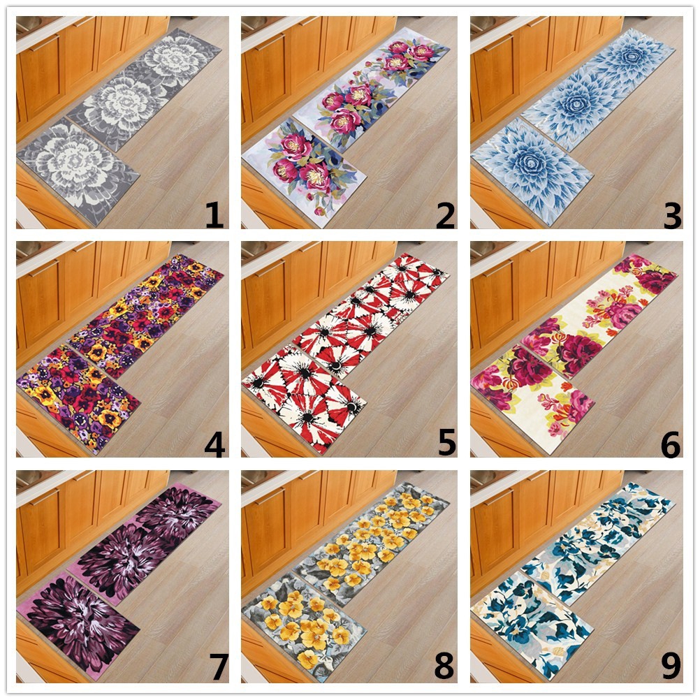 2pcs Set Flower Pattern Doormat Kitchen Floor Mats Bathroom Living Room Carpets Anti Slip Rugs Shopee Indonesia