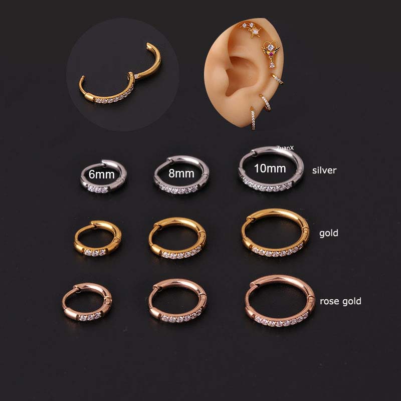 1pc Anting Hoop Bahan Stainless Steel Dengan Zircon Ukuran 6 / 8 / 10mm