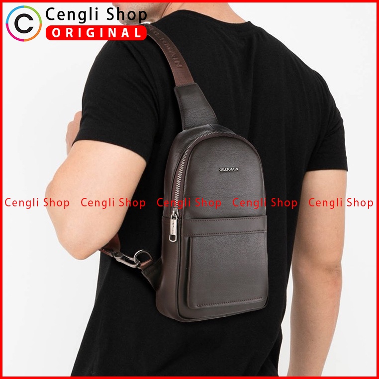 TAS SELEMPANG DADA KULIT PRIA OBERMAIN LEATHER CHEST BAG ORIGINAL COKLAT OM054