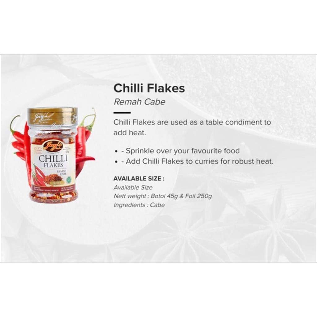 Jays Chilli Flakes 45 gr Chili Flake Remah Cabe Bubuk Kasar Halal