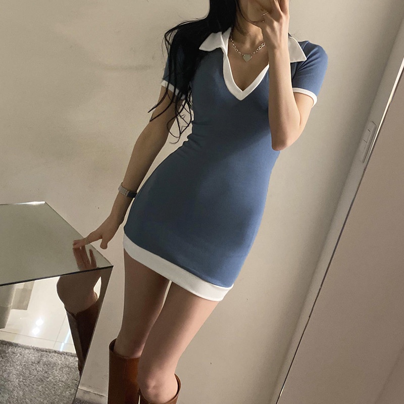 Korean V Neck Polo Collar Slim Mini Dress 1455 (S-XL)