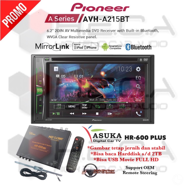 Pioneer AVH-A215BT Head Unit Double Din A215BT Tape Mobil + TV Tuner Digital ASUKA HR-600 PLUS