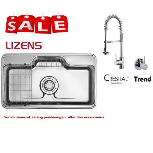Paket Kitchen Sink Stainless Lizens LS900 + Kran Pull Out Panas Dingin