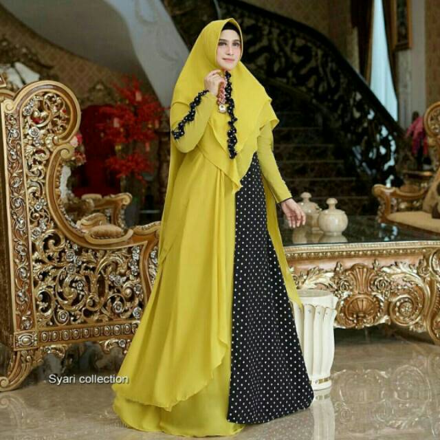 Gamis syari ferikha polka .. Jersey combi ceruty +monalisa..  Gamis busui by glamz /glz
