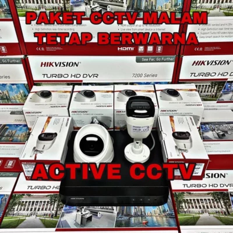 Promo paket camera cctv 2 kamera hikvision 2mp dual light colorvu + audio 4 channel ch malam tetap berwarna colour 4ch