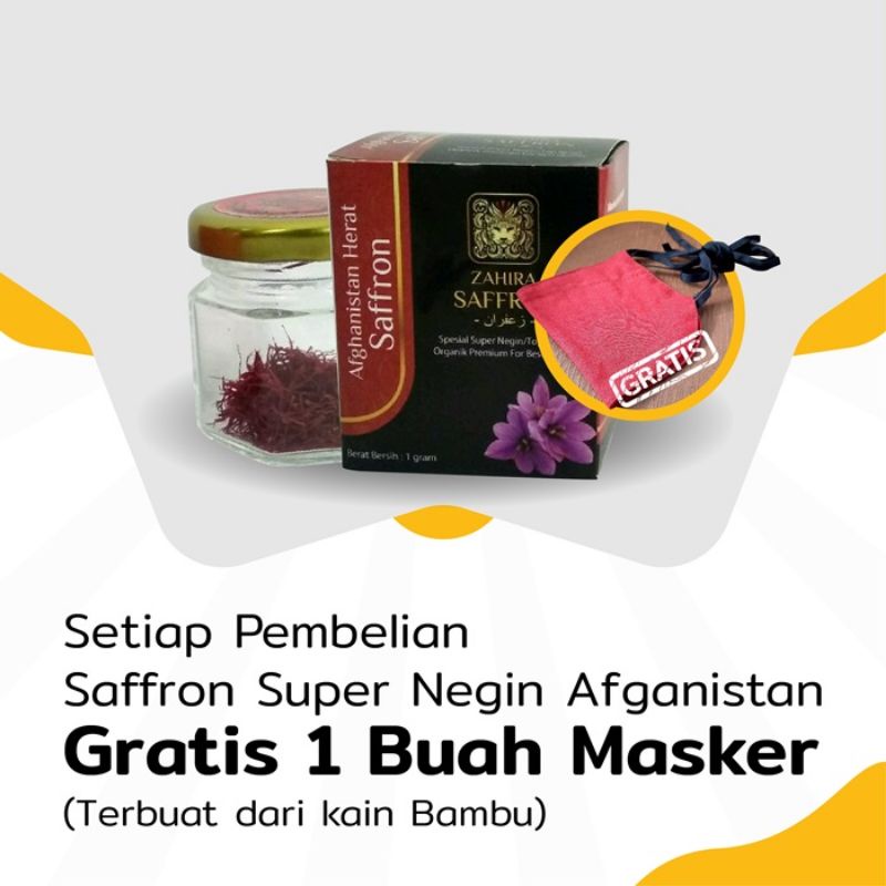 

Saffron super Negin Afghanistan + masker kain bamboo (1 pcs) 1 Gram Merah