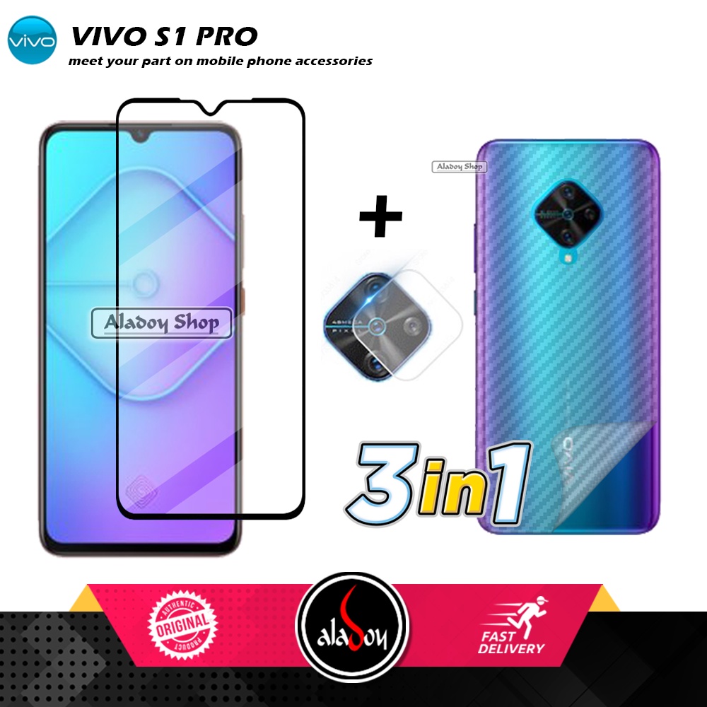 PAKET 3 IN 1 Tempered Glass Layar Vivo S1 Pro Free Tempered Glass Camera dan Skin Carbon