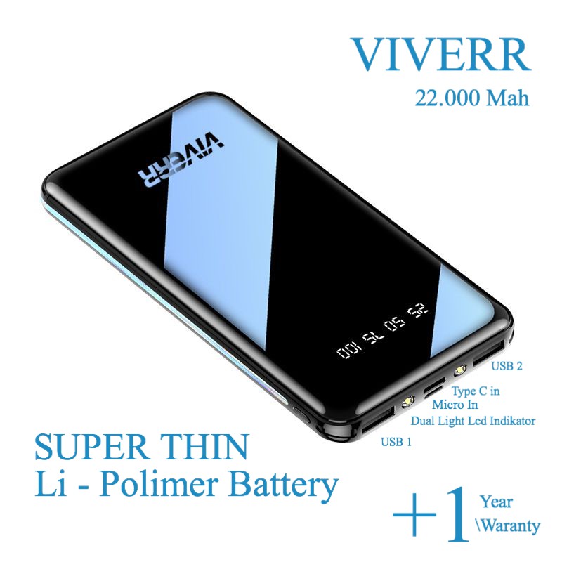 Powerbank Viverr 22.000 Mah SUPER SLIM With DUAL DOUBLE LED lampu Resmi 1 Tahun murah berkualitas