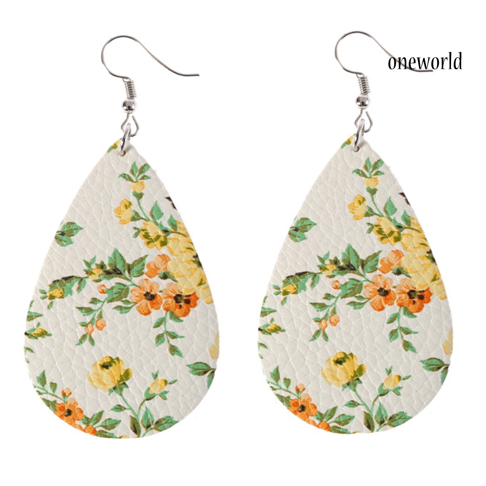 OW@ Boho Women Floral Pattern Teardrop Dangle Faux Leather Hook Earrings Jewelry