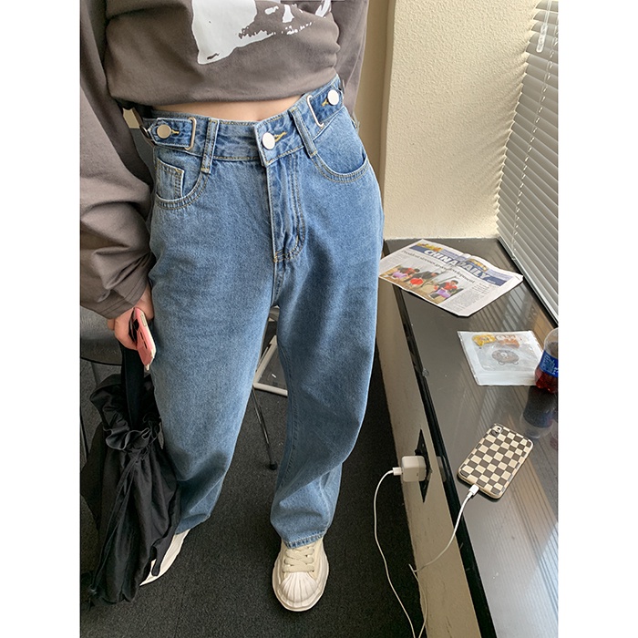 Jeans high waist straight loose korean style dengan warna biru  celana wanita